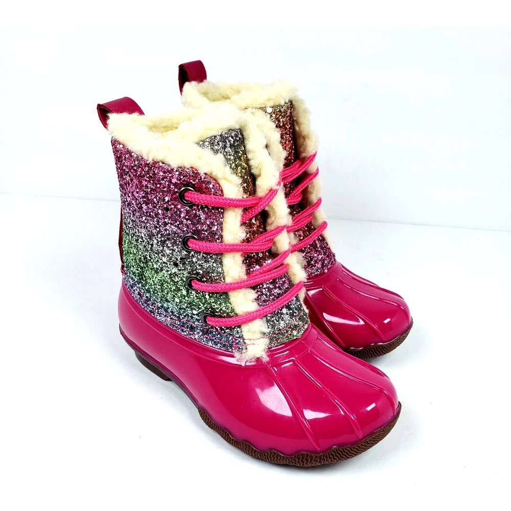 Adrienne Vittadini Bambini Toddler Girls Size 6 Pink Sparkle Glitter Duck Boots - Picture 1 of 10